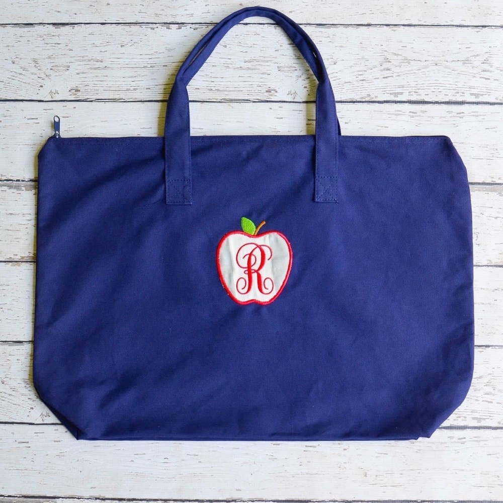 Teacher apple tote navy monogram R